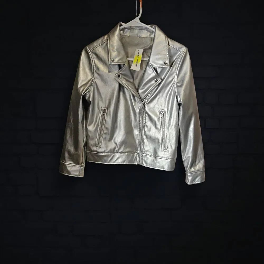 Epic Threads Girls Size 14/16 Faux Leather Silver Metallic Moto Jacket NWT